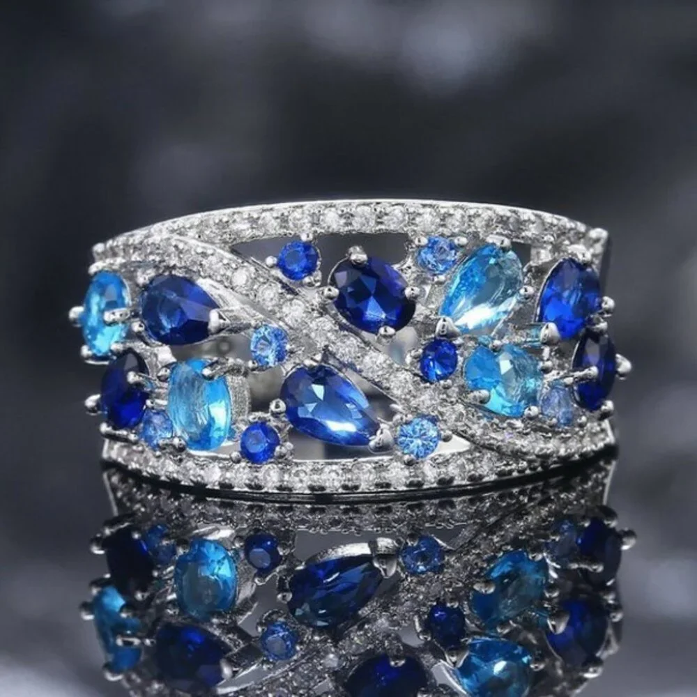 New Gorgeous 925 Silver, Aquamarine & Sapphire Ring